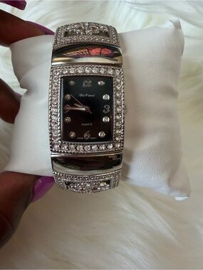 Vintage Silver Crystal Bangle Watch - Black Dial
